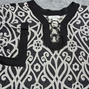 Dressbarn Black/Silver Metallic Geometric Print V-Neck Blouse‎ 18/20 3/4 Sleeve